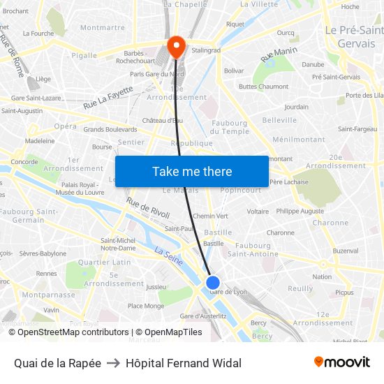 Quai de la Rapée to Hôpital Fernand Widal map