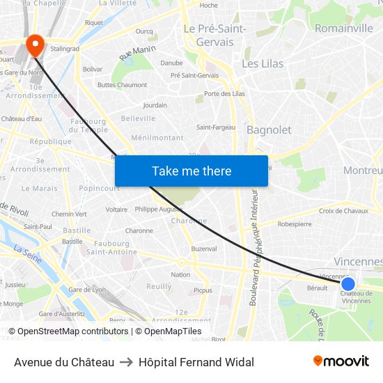 Avenue du Château to Hôpital Fernand Widal map