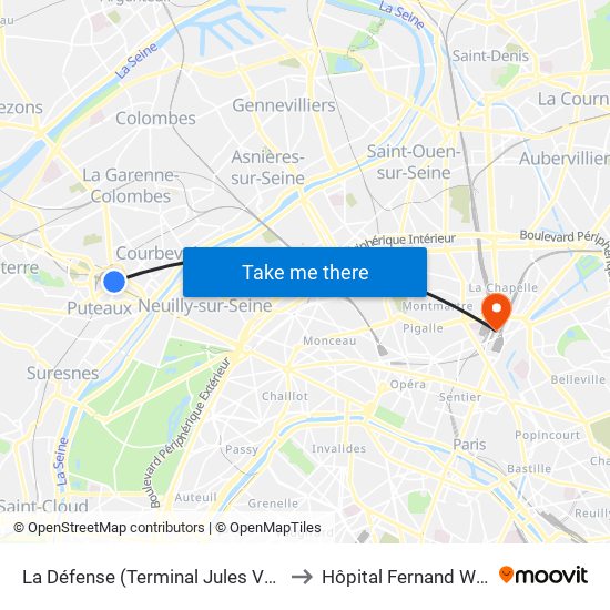 La Défense (Terminal Jules Verne) to Hôpital Fernand Widal map