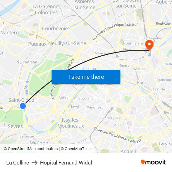 La Colline to Hôpital Fernand Widal map