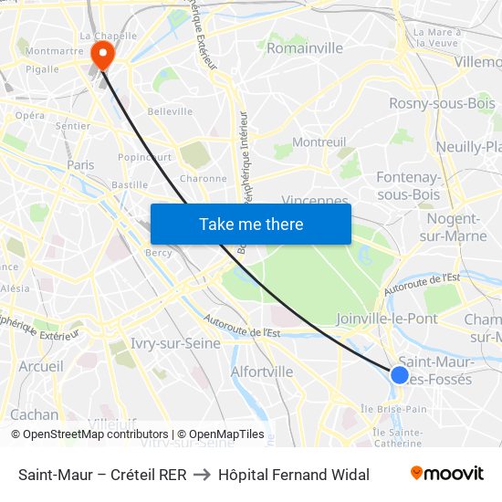 Saint-Maur – Créteil RER to Hôpital Fernand Widal map