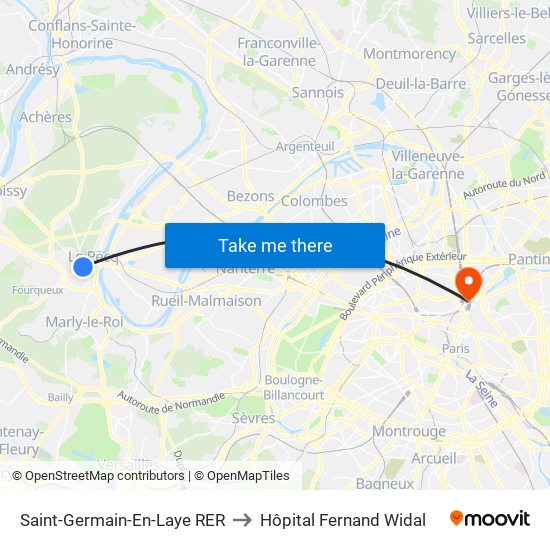 Saint-Germain-En-Laye RER to Hôpital Fernand Widal map