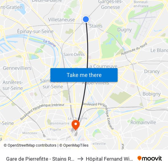 Gare de Pierrefitte - Stains RER to Hôpital Fernand Widal map