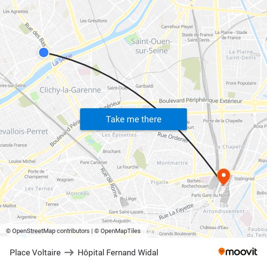 Place Voltaire to Hôpital Fernand Widal map