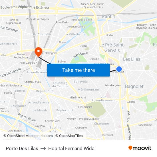 Porte Des Lilas to Hôpital Fernand Widal map