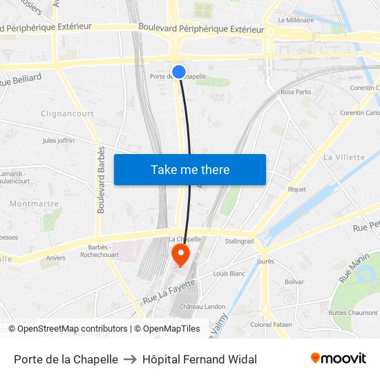 Porte de la Chapelle to Hôpital Fernand Widal map