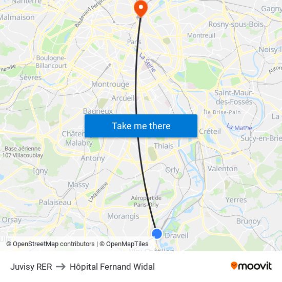 Juvisy RER to Hôpital Fernand Widal map