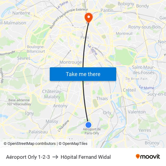 Aéroport Orly 1-2-3 to Hôpital Fernand Widal map