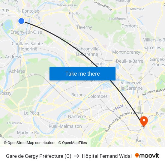 Gare de Cergy Préfecture (C) to Hôpital Fernand Widal map