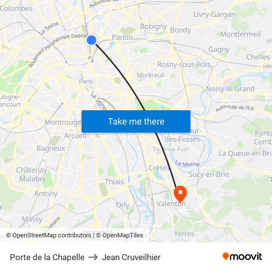 Porte de la Chapelle to Jean Cruveilhier map