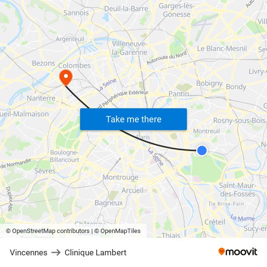 Vincennes to Clinique Lambert map
