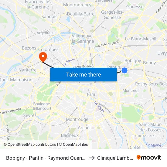 Bobigny - Pantin - Raymond Queneau to Clinique Lambert map