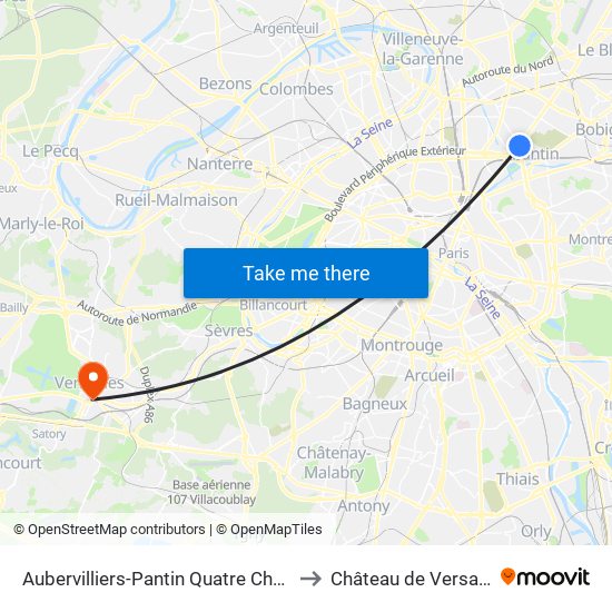 Aubervilliers-Pantin Quatre Chemins to Château de Versailles map