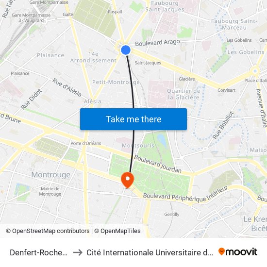 Denfert-Rochereau to Cité Internationale Universitaire de Paris map