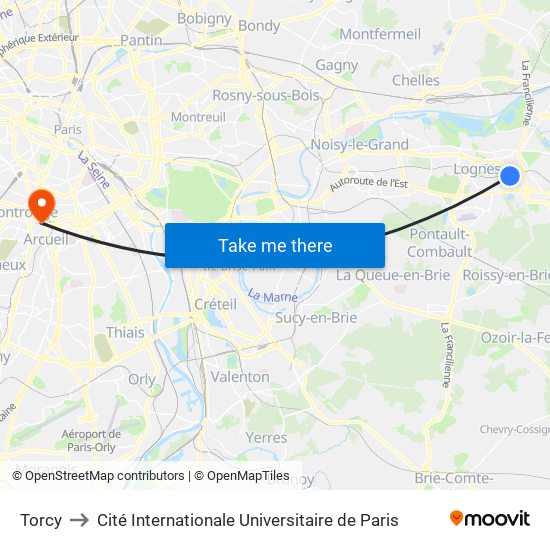 Torcy to Cité Internationale Universitaire de Paris map