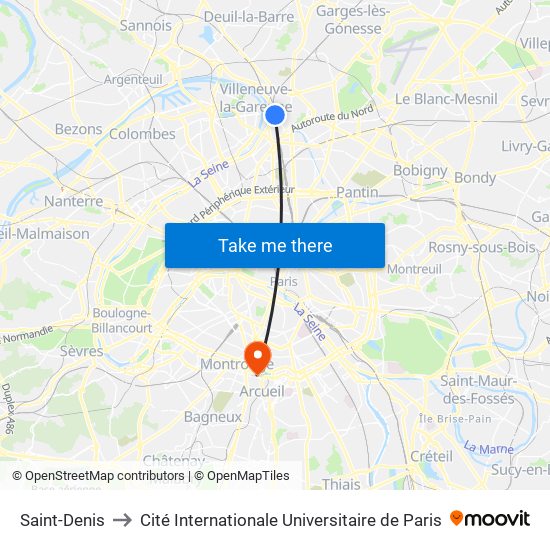 Saint-Denis to Cité Internationale Universitaire de Paris map