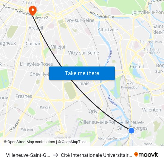 Villeneuve-Saint-Georges to Cité Internationale Universitaire de Paris map