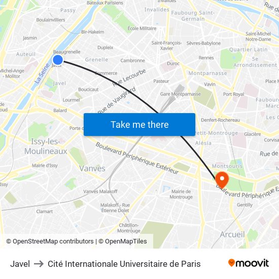 Javel to Cité Internationale Universitaire de Paris map
