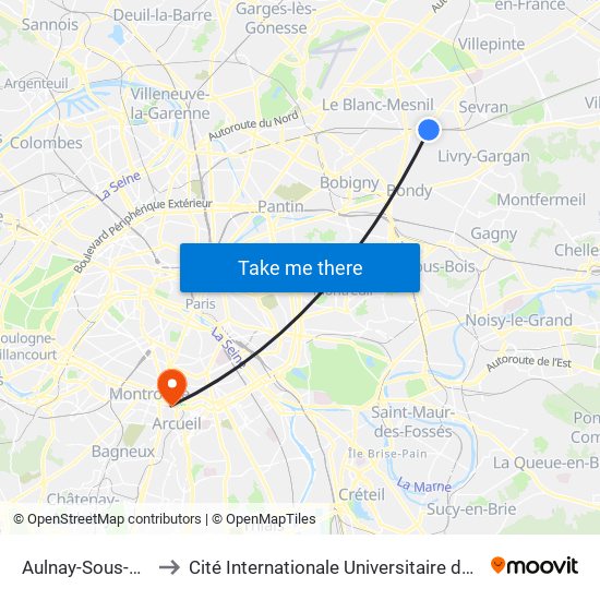 Aulnay-Sous-Bois to Cité Internationale Universitaire de Paris map