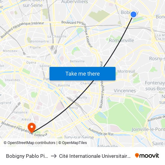 Bobigny Pablo Picasso to Cité Internationale Universitaire de Paris map