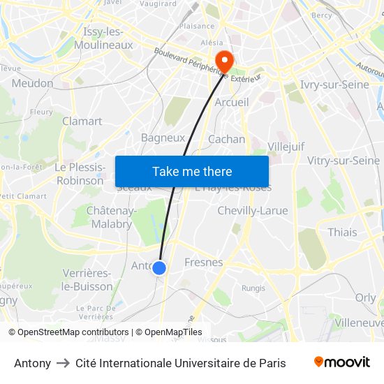 Antony to Cité Internationale Universitaire de Paris map