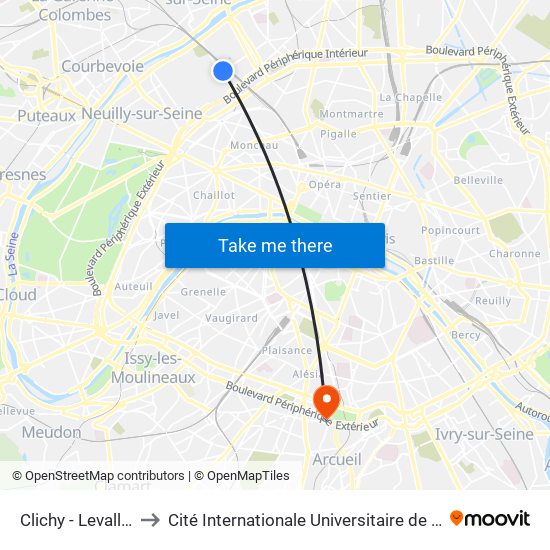 Clichy - Levallois to Cité Internationale Universitaire de Paris map