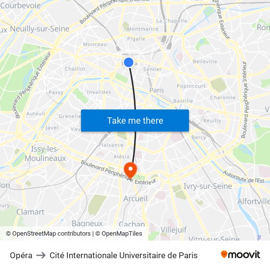 Opéra to Cité Internationale Universitaire de Paris map