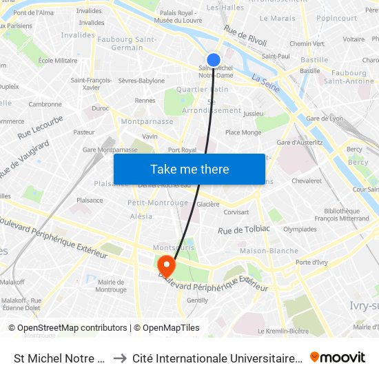 St Michel Notre Dame to Cité Internationale Universitaire de Paris map