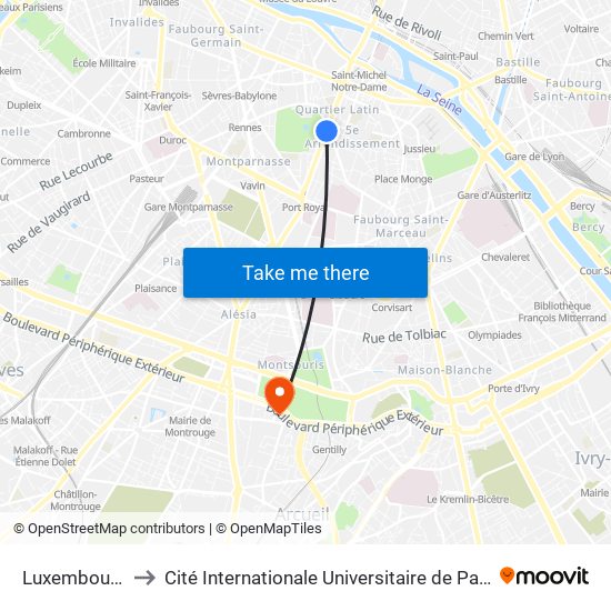 Luxembourg to Cité Internationale Universitaire de Paris map