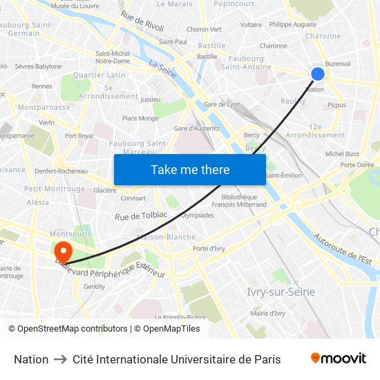 Nation to Cité Internationale Universitaire de Paris map