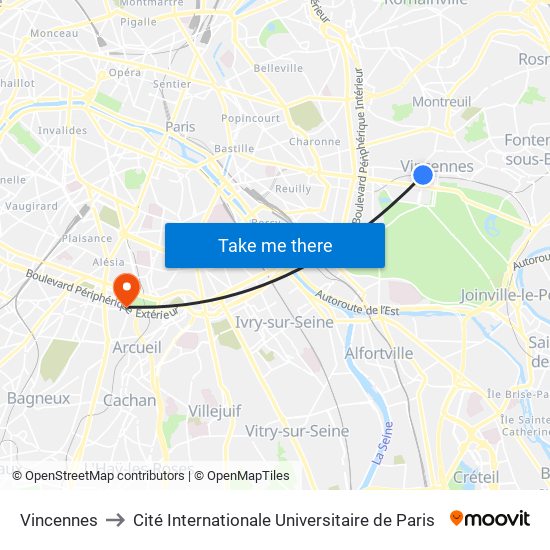 Vincennes to Cité Internationale Universitaire de Paris map