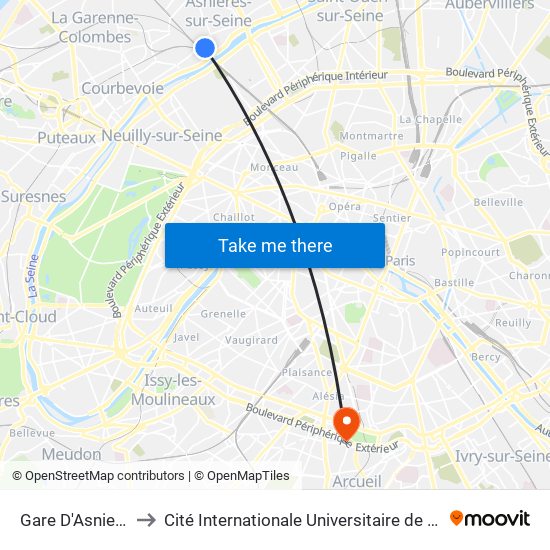 Gare D'Asnieres to Cité Internationale Universitaire de Paris map