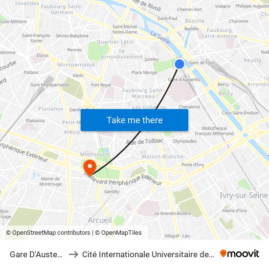 Gare D'Austerlitz to Cité Internationale Universitaire de Paris map
