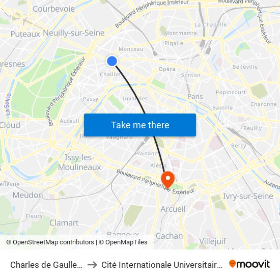 Charles de Gaulle Etoile to Cité Internationale Universitaire de Paris map