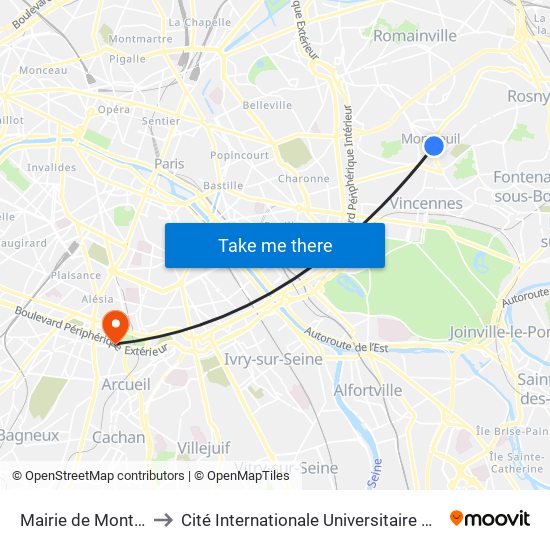 Mairie de Montreuil to Cité Internationale Universitaire de Paris map