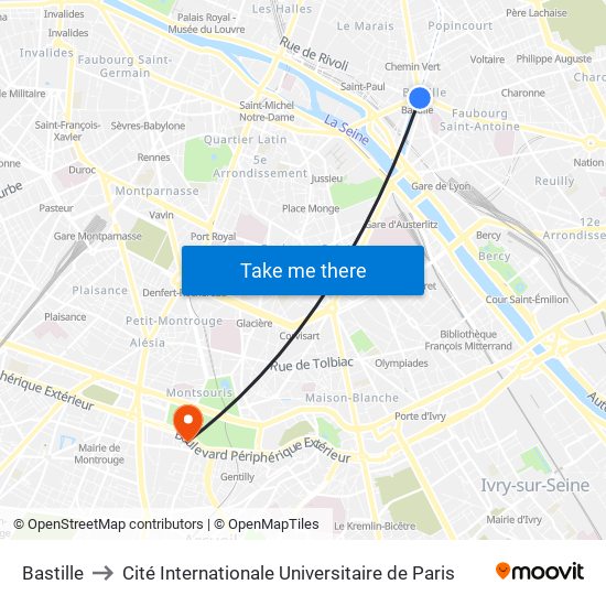 Bastille to Cité Internationale Universitaire de Paris map