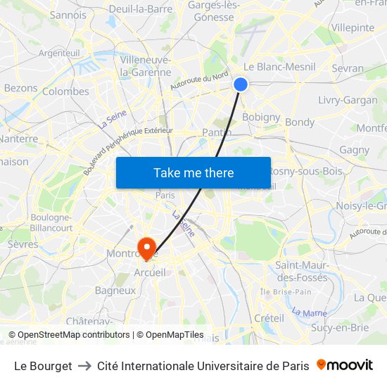 Le Bourget to Cité Internationale Universitaire de Paris map