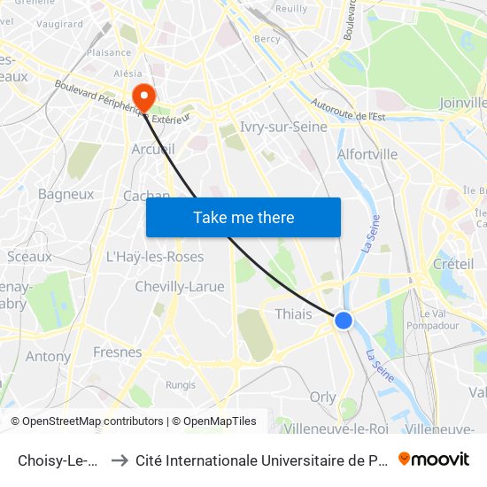Choisy-Le-Roi to Cité Internationale Universitaire de Paris map