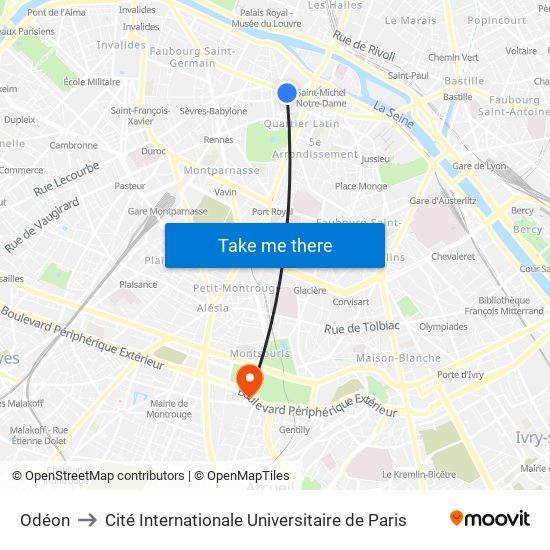 Odéon to Cité Internationale Universitaire de Paris map