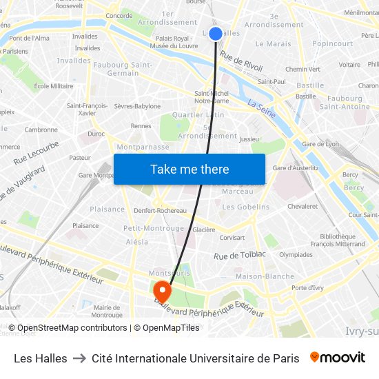 Les Halles to Cité Internationale Universitaire de Paris map
