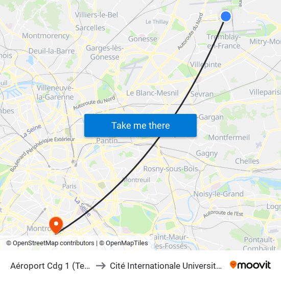 Aéroport Cdg 1 (Terminal 3) to Cité Internationale Universitaire de Paris map