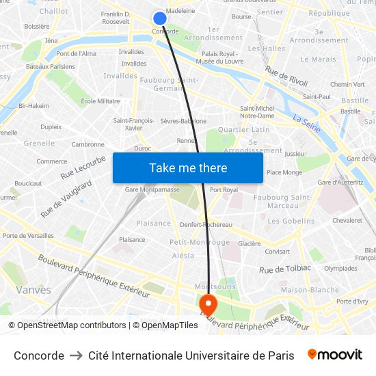 Concorde to Cité Internationale Universitaire de Paris map