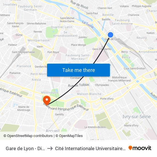 Gare de Lyon - Diderot to Cité Internationale Universitaire de Paris map