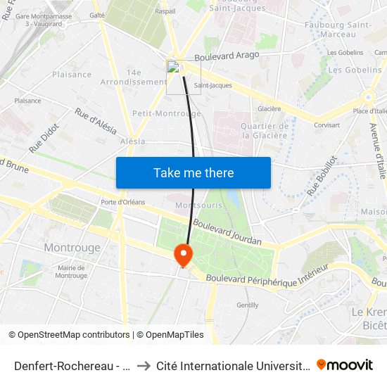 Denfert-Rochereau - Métro-Rer to Cité Internationale Universitaire de Paris map