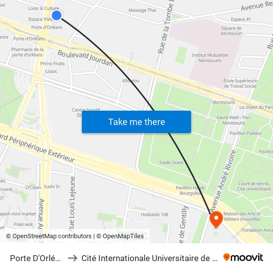 Porte D'Orléans to Cité Internationale Universitaire de Paris map