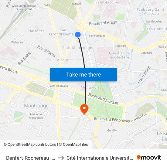 Denfert-Rochereau - Daguerre to Cité Internationale Universitaire de Paris map