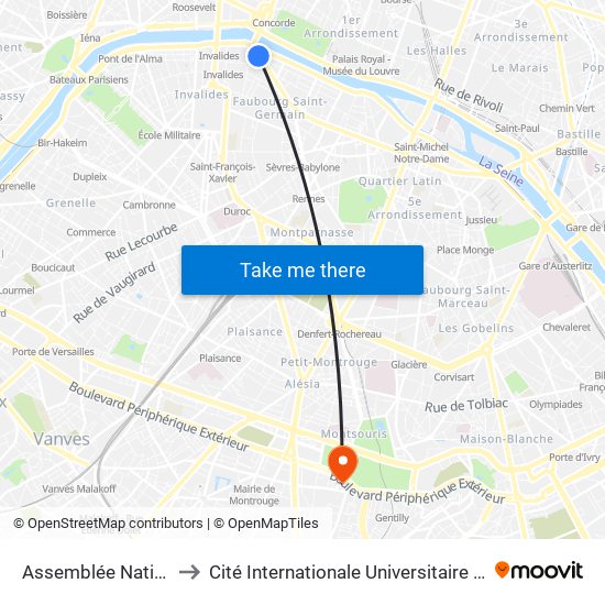 Assemblée Nationale to Cité Internationale Universitaire de Paris map