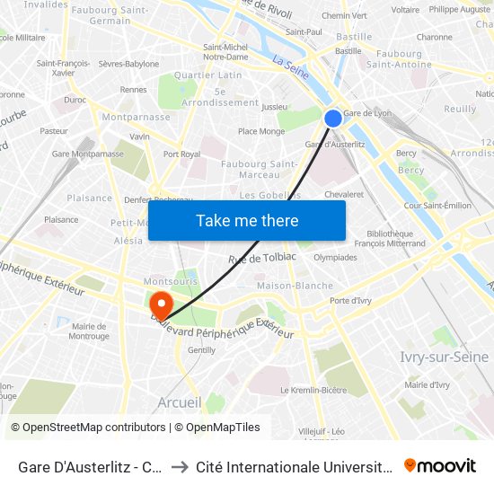 Gare D'Austerlitz - Cour Seine to Cité Internationale Universitaire de Paris map