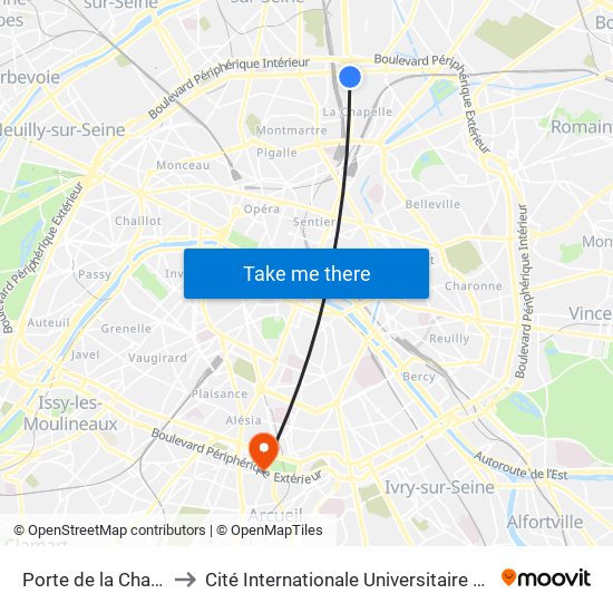 Porte de la Chapelle to Cité Internationale Universitaire de Paris map