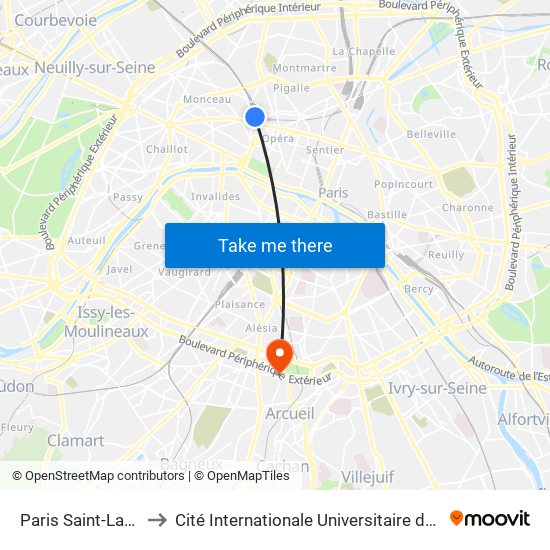 Paris Saint-Lazare to Cité Internationale Universitaire de Paris map